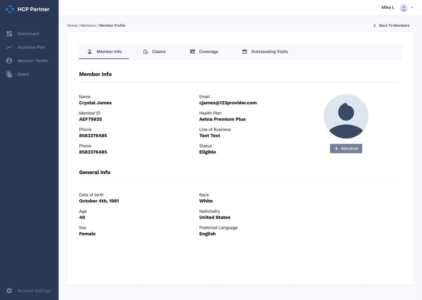 Haitham Hassan UX — HealthCare Partners member profile wireframe, HIPAA-compliant portal