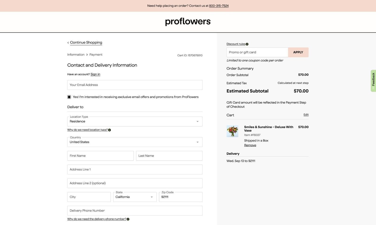Haitham Hassan UX — ProFlowers checkout page final UI, delivery and contact information