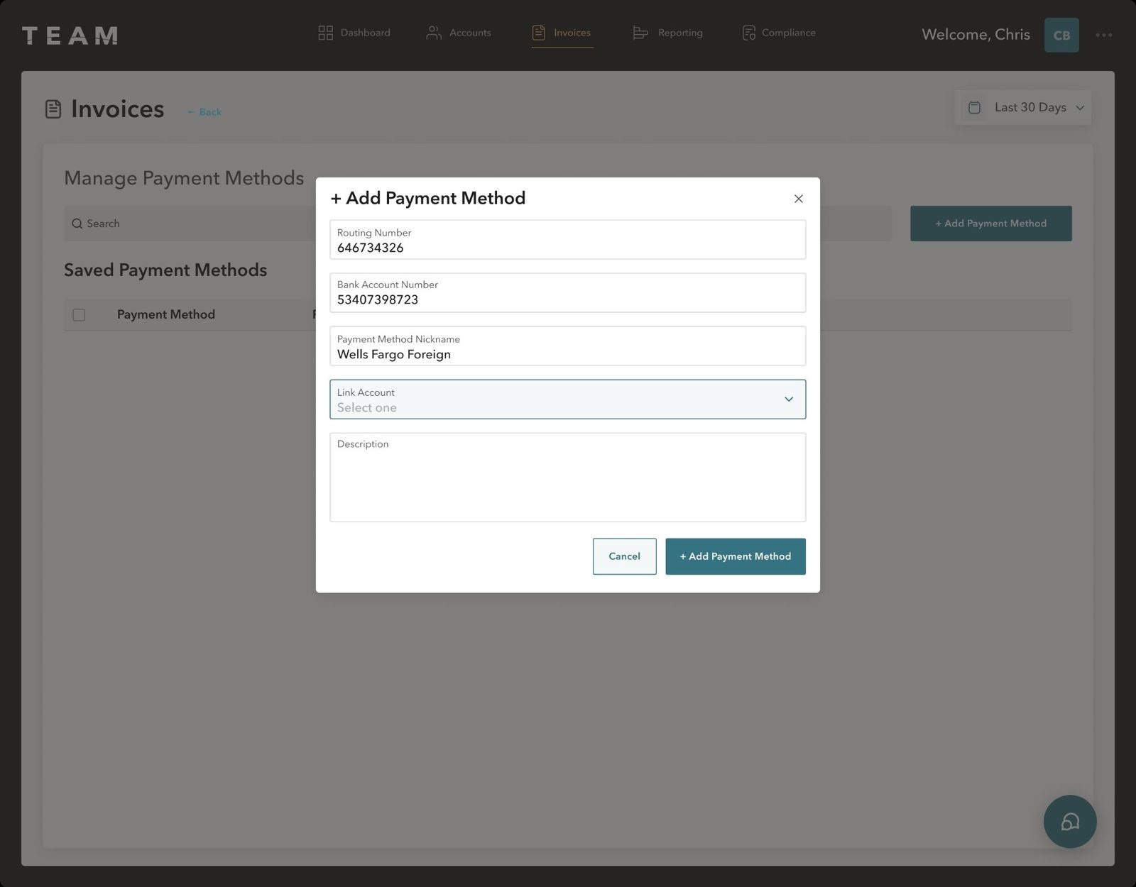 Haitham Hassan UX — TEAM invoice portal add payment method modal UI