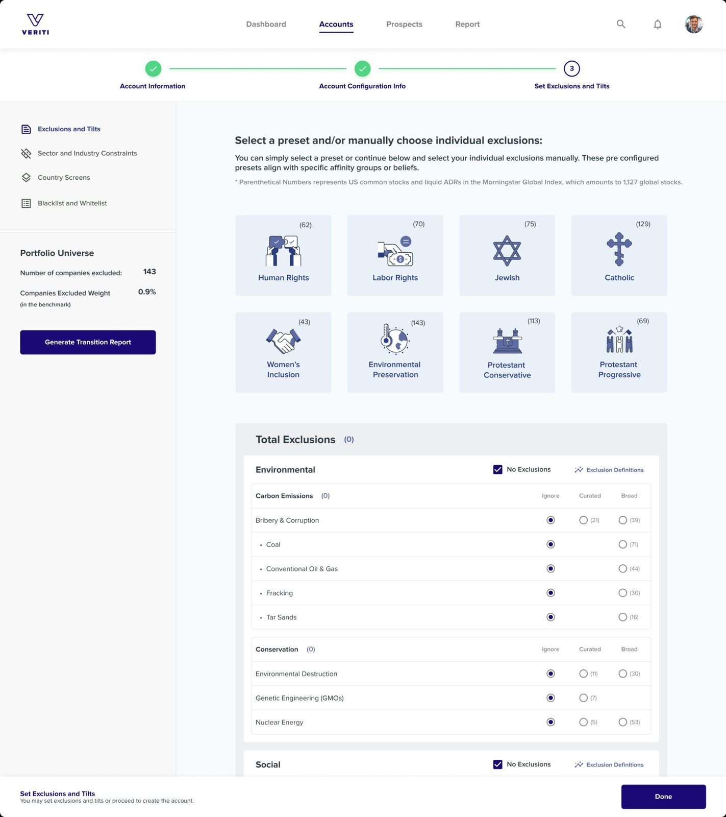 Haitham Hassan UX — Veriti ESG exclusions and tilts final UI, M&A acquired platform